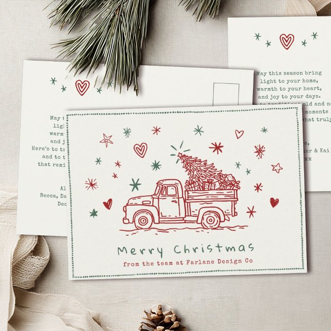 Whimsical Christmas Truck Retro Red and Green Holiday Postcard (Creator Uploaded)