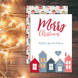 Whimsical Christmas Village Red Blue Christmas Holiday Card