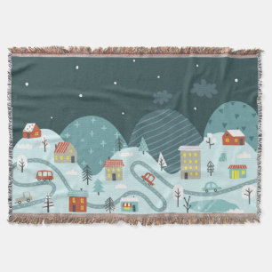 Whimsical Christmas Village Winter Cars Throw Blanket