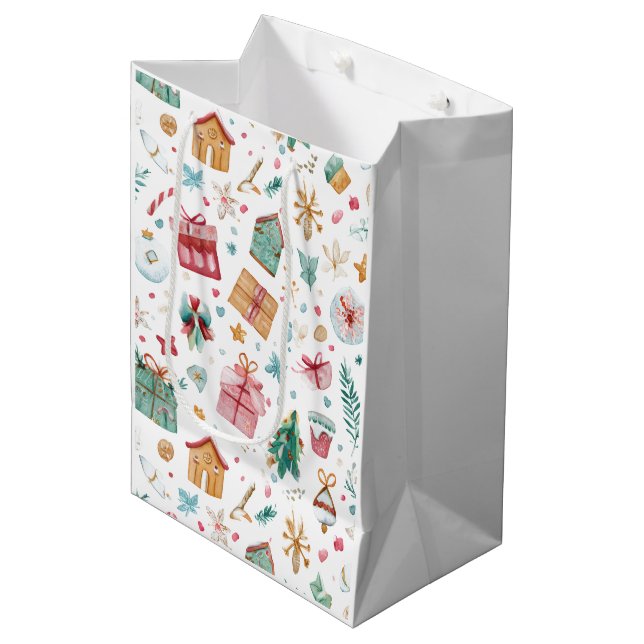 Whimsical Christmas Watercolor Gift Bag (Front Angled)