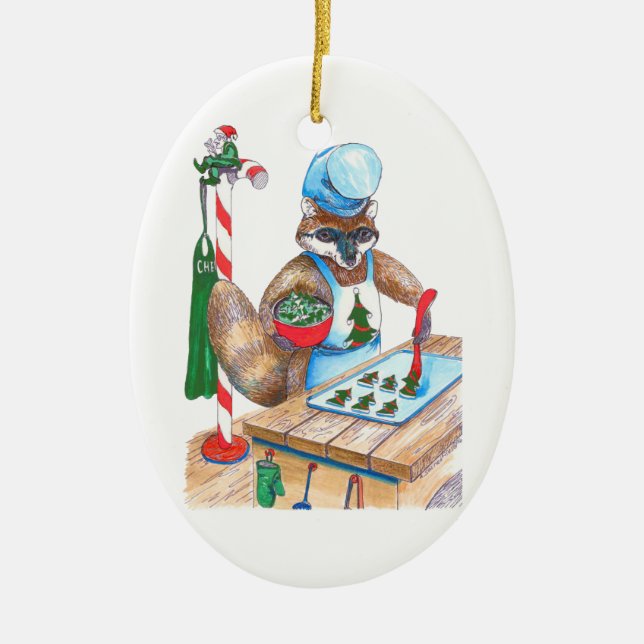 Whimsical Christmas Wildlife Chef Oval Ornament (Front)