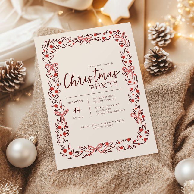 Whimsical Christmas Wreath & Bow Party Invitation (Whimsical Christmas Wreath holiday party invitation)