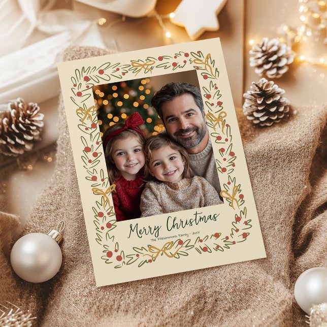 Whimsical Christmas Wreath & Bows Photo Card (Whimsical Christmas Wreath holiday family photo card)