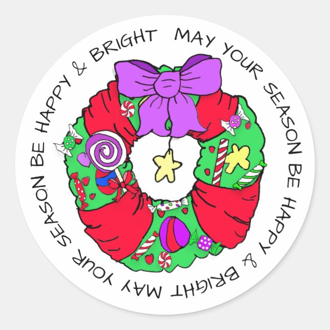 Whimsical Christmas Wreath filled with Candy Classic Round Sticker (Front)