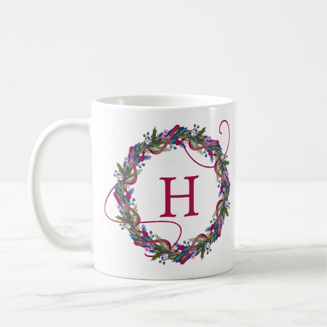 Whimsical Christmas Wreath Initial Holiday Coffee Mug (Left)