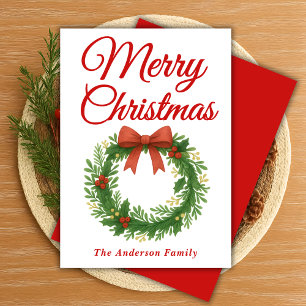 Whimsical Christmas Wreath with Ribbon  Holiday Card