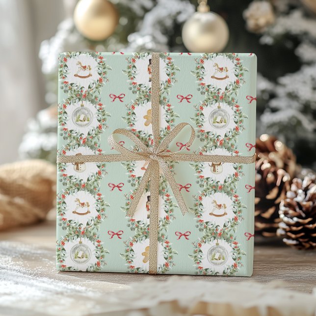 Whimsical Christmas Wreaths and Toys Wrapping Paper (Creator Uploaded)