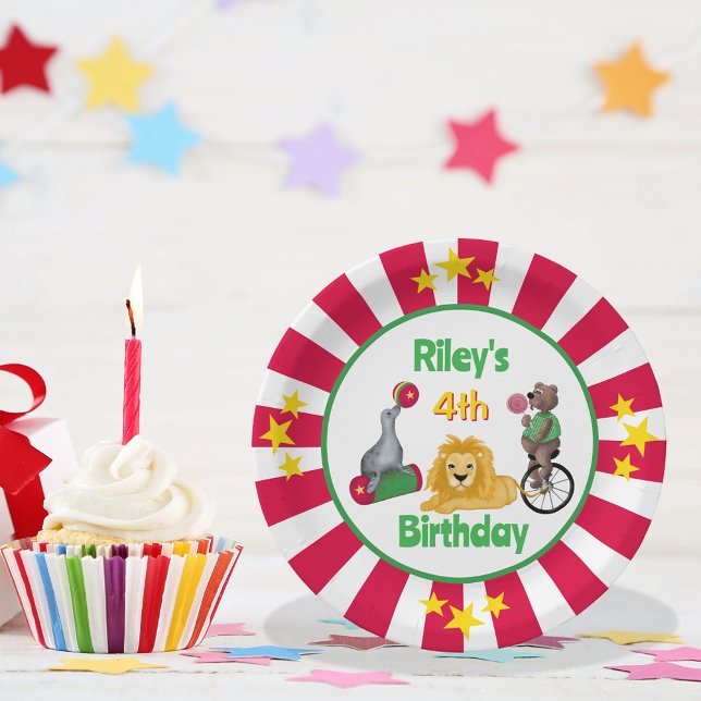 Whimsical Circus Animals Striped Star Border Paper Plate (Creator Uploaded)