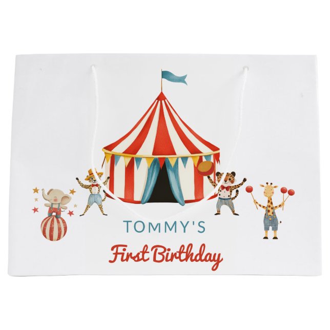 Whimsical Circus Animals Tommy's First Birthday  Large Gift Bag (Front)