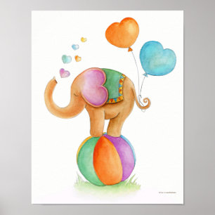 Whimsical circus elephant on a ball nursery poster
