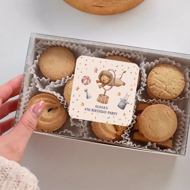 Whimsical Circus Lion Kids Birthday Party Square Sticker (Whimsical Circus Lion Kids Birthday Party Square Sticker)