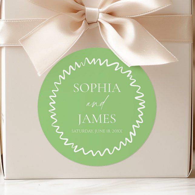 Whimsical Citrus Green Wavy Border Wedding Classic Round Sticker (Creator Uploaded)