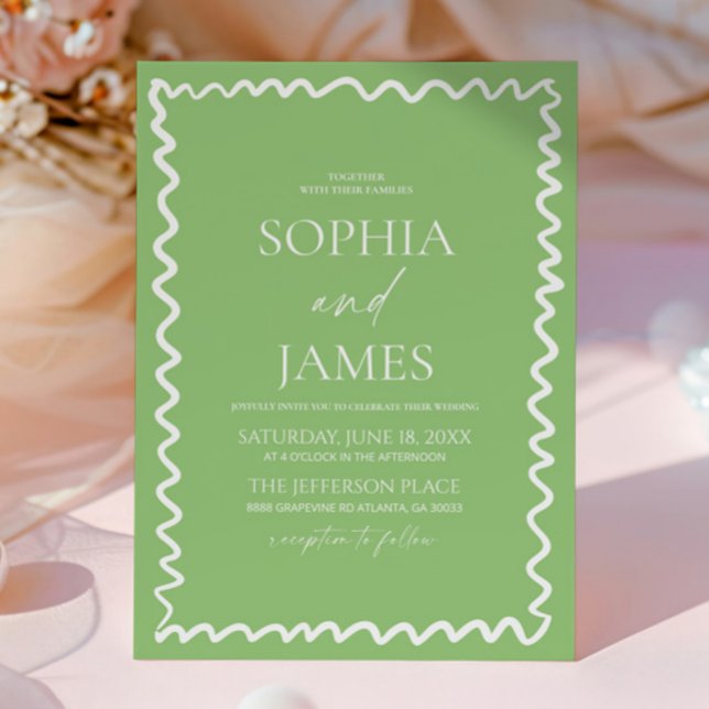 Whimsical Citrus Green Wavy Border Wedding Invitation (Creator Uploaded)
