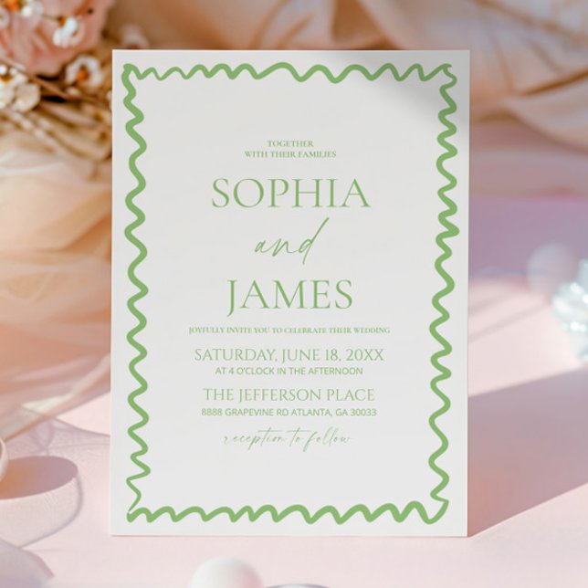 Whimsical Citrus Green Wavy Border Wedding Invitation (Creator Uploaded)