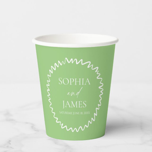 Whimsical Citrus Green Wavy Border Wedding Paper Cups (Front)