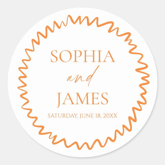 Whimsical Citrus Orange Wavy Border Wedding Classic Round Sticker (Front)
