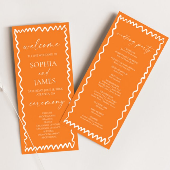 Whimsical Citrus Orange Wavy Border Wedding Programme (Creator Uploaded)
