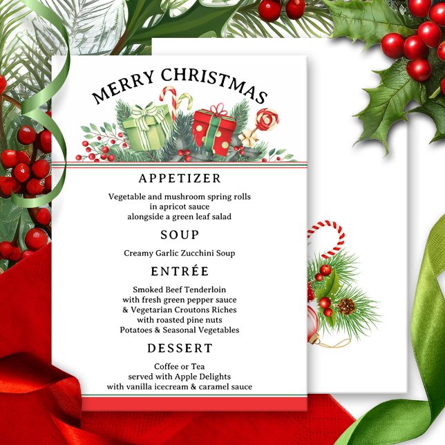 Whimsical Classic Christmas Menu Template (Christmas menu card featuring a festive classic design in red and green with pine twigs and berries)