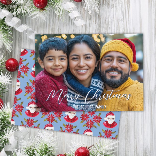 Whimsical Classic Poinsettia Santa Photo Christmas Holiday Card (Creator Uploaded)