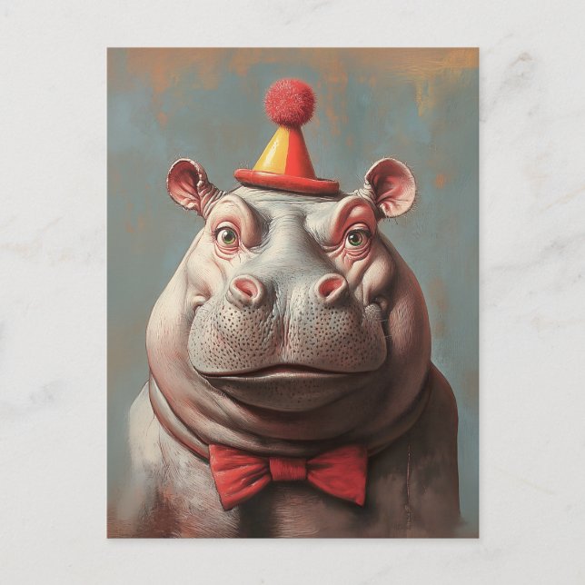 Whimsical Clown Hippo Portrait Postcard (Front)