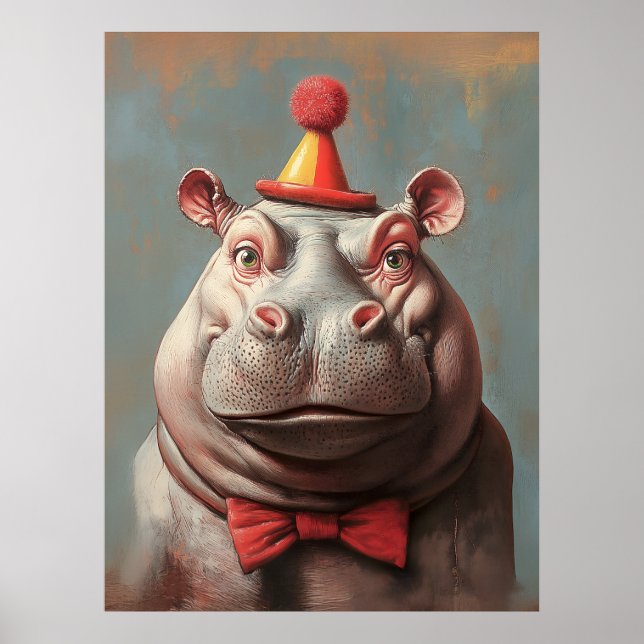 Whimsical Clown Hippo Portrait Poster (Front)