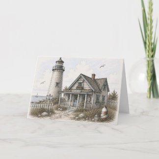 Whimsical Coastal Lighthouse Harbour Illustration Card