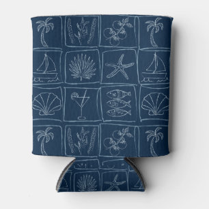 Whimsical Coastal Mediterranean Tile Nautical Navy Can Cooler