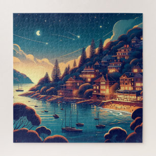 Whimsical Coastal Night Village Starry Sky Jigsaw Puzzle