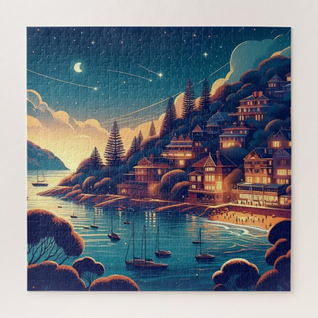 Whimsical Coastal Night Village Starry Sky Jigsaw Puzzle (Vertical)