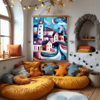 Whimsical Coastal Village Artwork