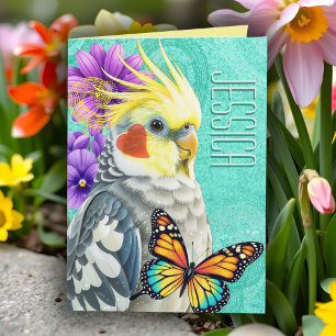 Whimsical Cockatiel Vibrant Spring Flower Collage Card
