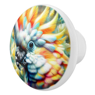 Whimsical Cockatoo Bird Yellow Poppies Floral Ceramic Knob
