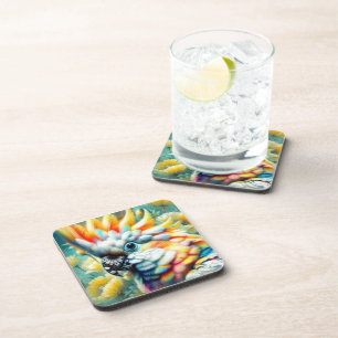 Whimsical Cockatoo Bird Yellow Poppies Floral  Coaster