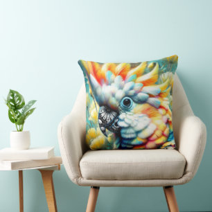 Whimsical Cockatoo Bird Yellow Poppies Floral Cushion