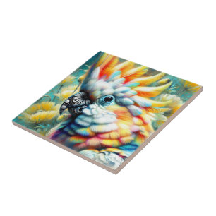 Whimsical Cockatoo Bird Yellow Poppies Floral Tile