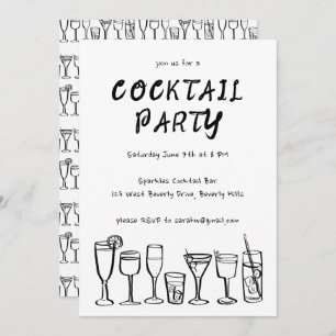 Whimsical Cocktail Drinks Custom Birthday Party BW Invitation