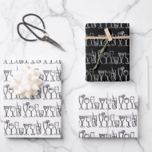 Whimsical Cocktail Drinks Wine Party B&W Gift Wrapping Paper Sheet