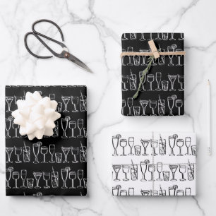 Whimsical Cocktail Drinks Wine Party B&W Gift Wrapping Paper Sheet