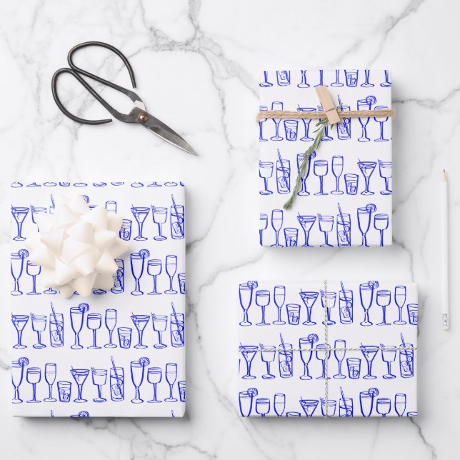 Whimsical Cocktail Drinks Wine Party Blue Gift Wrapping Paper Sheet (Front)