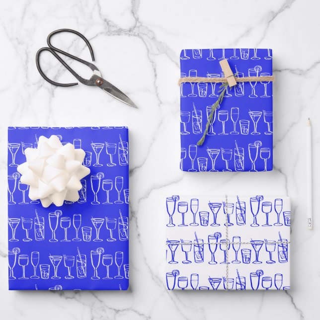 Whimsical Cocktail Drinks Wine Party Blue Gift Wrapping Paper Sheet (Front)