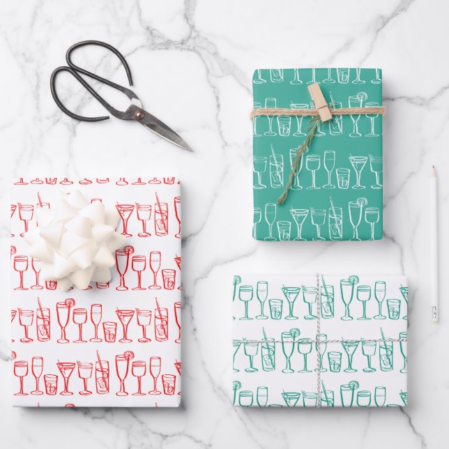 Whimsical Cocktail Drinks Wine Party Christmas Wrapping Paper Sheet (Front)