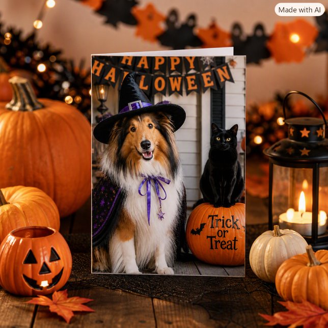 Whimsical Collie Witch & Cat Trick‑or‑Treat Folded Card (Creator Uploaded)