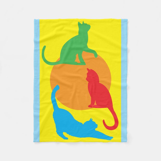 Whimsical Colorful Cats Blue Fleece Blanket (Front)