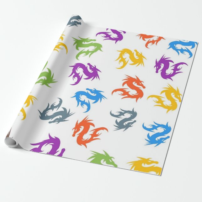 WHIMSICAL COLORFUL CHINESE DRAGON PATTERN WRAPPING PAPER (Unrolled)