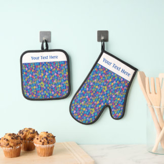 Whimsical Colorful Crayon Floral Doodles Pattern Oven Mitt & Pot Holder Set
