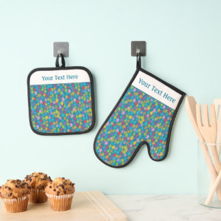 Whimsical Colorful Crayon Floral Doodles Pattern Oven Mitt & Pot Holder Set