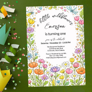 Whimsical Colorful Little Wildflower 1st Birthday Invitation