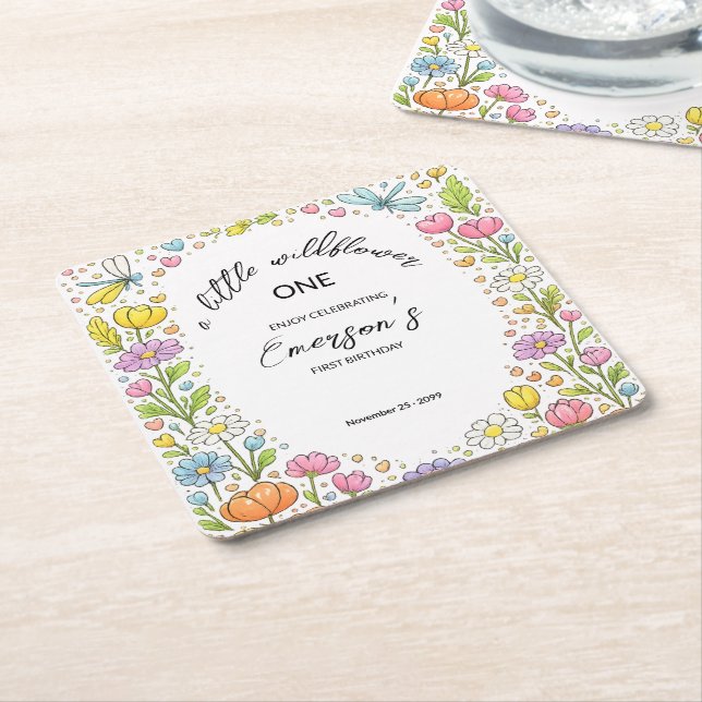 Whimsical Colorful Little Wildflower 1st Birthday  Square Paper Coaster (Angled)