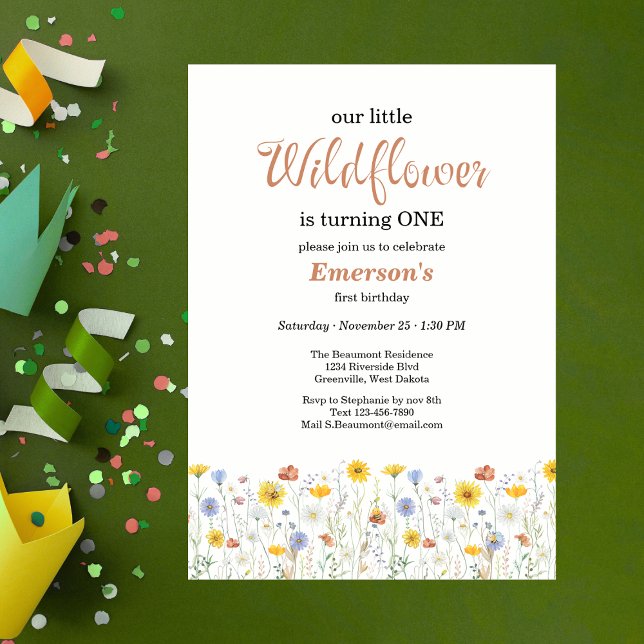 Whimsical Colorful Wildflower 1st Birthday Party Invitation (Creator Uploaded)