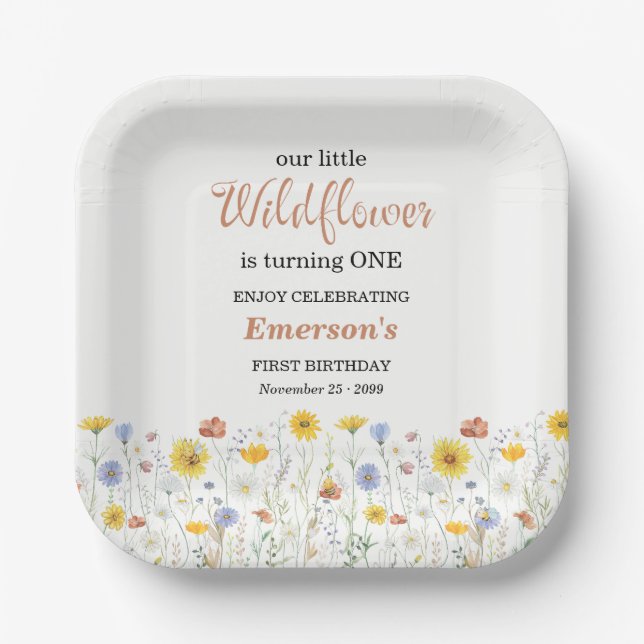 Whimsical Colorful Wildflower 1st Birthday Party Paper Plate (Front)